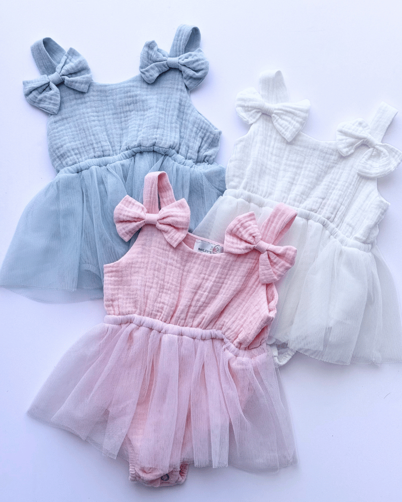 PREORDER! Dawsyn Bow Front Tulle Bubble Romper - Porcelain