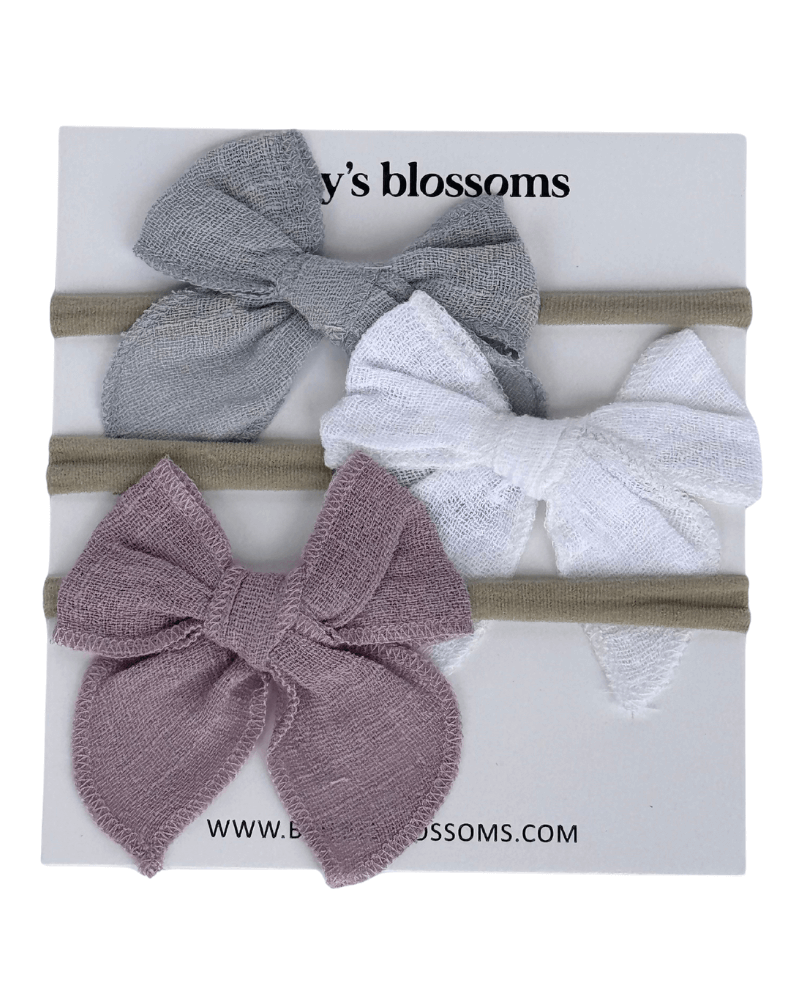 3 Piece Bow Set - Gray, White & Purple