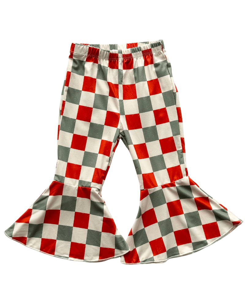 Lina Pleated Bell Bottoms - Red & Green Checker