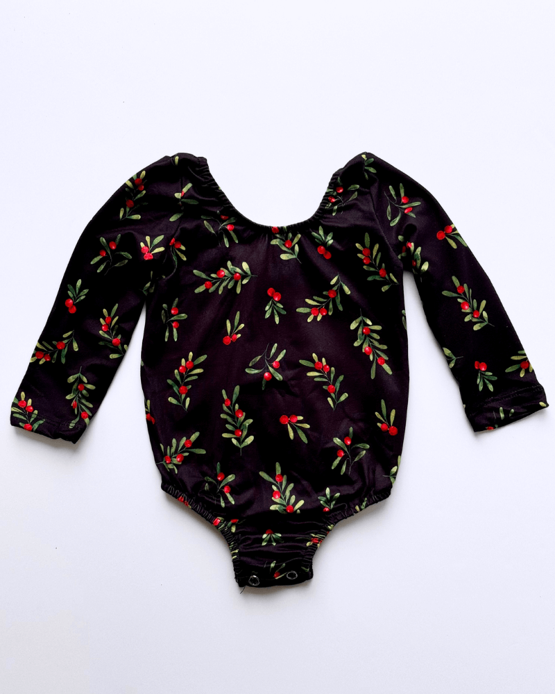 Livee Long Sleeve Leotard - Black Holiday Sprigs