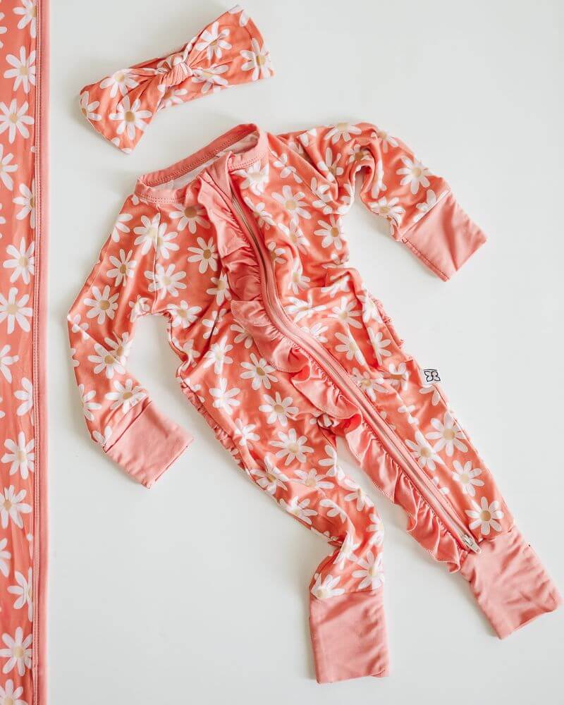 Rylyn Ruffle Long - Sleeve Zip Sleeper - Coral Daisy #product_type - Bailey's Blossoms