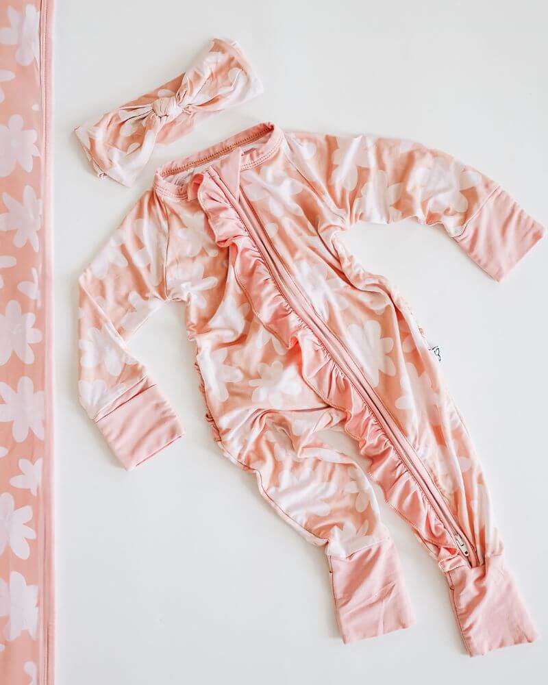 Rylyn Ruffle Long - Sleeve Zip Sleeper - Peach Floral #product_type - Bailey's Blossoms